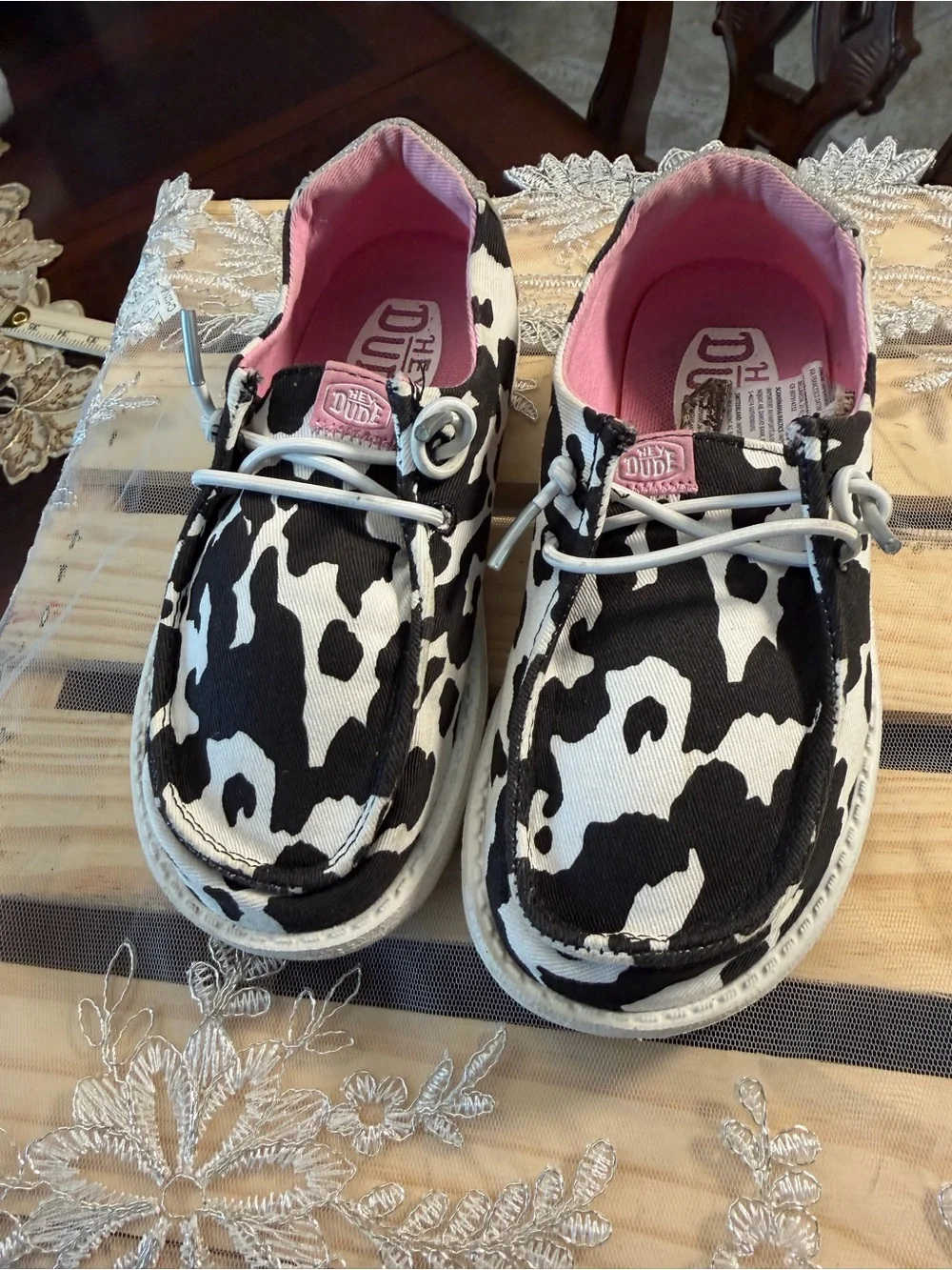 Hey Dude Kids Wally Cow-Print Moccasins in Black, White & Pink